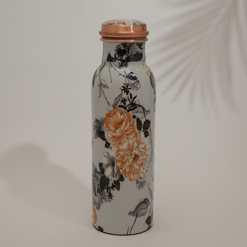 Garrafa de Água em Cobre Puro com Estampa Floral Branca – ± 750 ml