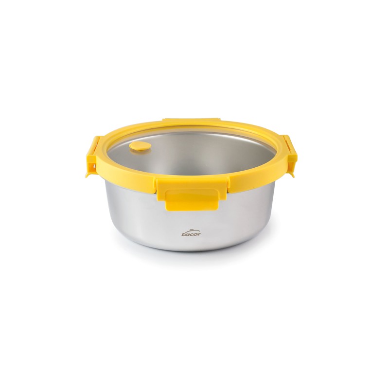 Lancheira redonda hermética em aço inox com tampa de vidro - Lacor
