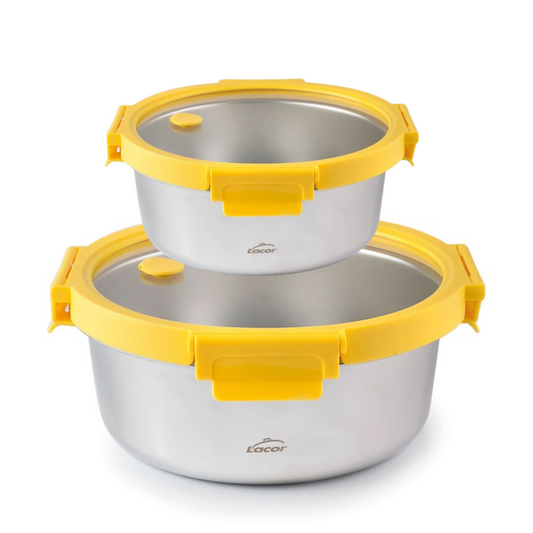 Lancheira redonda hermética em aço inox com tampa de vidro - Lacor