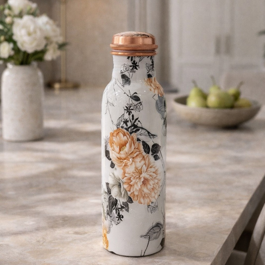 Garrafa de Água em Cobre Puro com Estampa Floral Branca – ± 750 ml
