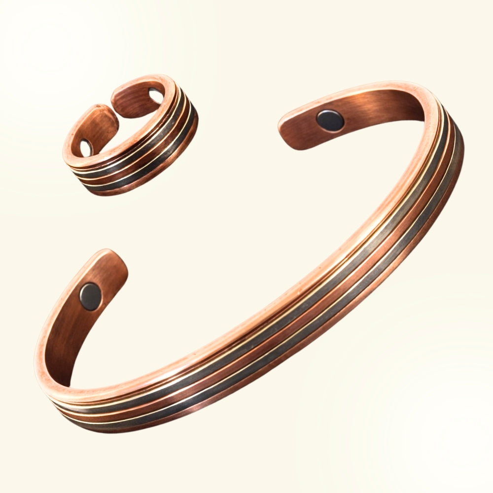 Conjunto de Pulseira e Anel de Cobre Puro 99,9% com Ímanes
